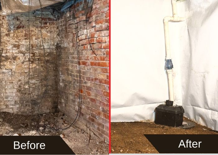 before and after crawl space vapor barrier and sump pump